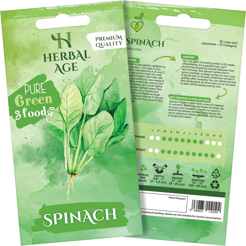 HERBAL AGE Spinach Seeds Plants, Grow Your Own Herb Garden Kit, ~200 Seed Box, Salad Herbs Seeds for Planting UK, Veg Plant Gardening Gift for Men, Women, Kids, Seeds to Plant Outdoor & Indoor