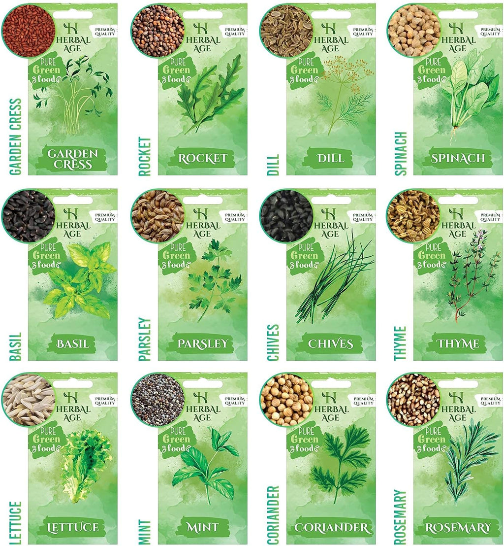 Herbal Age Grow Your Own Herb Garden Kit, 12 Herbs Plants, 8700 Herb Seed Box for Planting UK, Salad Leaves, Basil Seeds, Mint, Cress Seeds, Veg Plant Gardening Gift for Men, Women, Kids