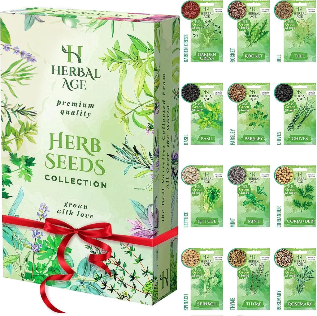 Herbal Age Grow Your Own Herb Garden Kit, 12 Herbs Plants, 8700 Herb Seed Box for Planting UK, Salad Leaves, Basil Seeds, Mint, Cress Seeds, Veg Plant Gardening Gift for Men, Women, Kids